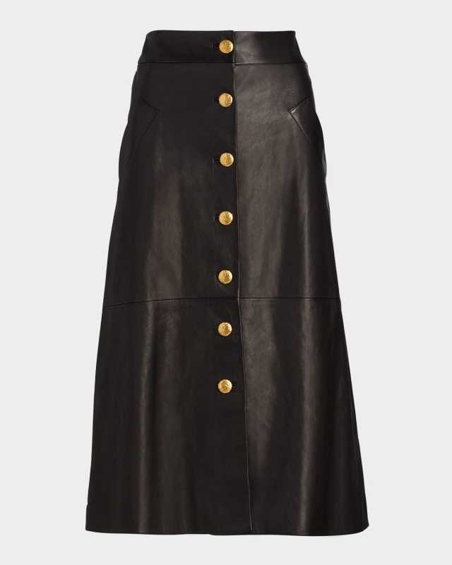 Button-Front Leather Midi Skirt
